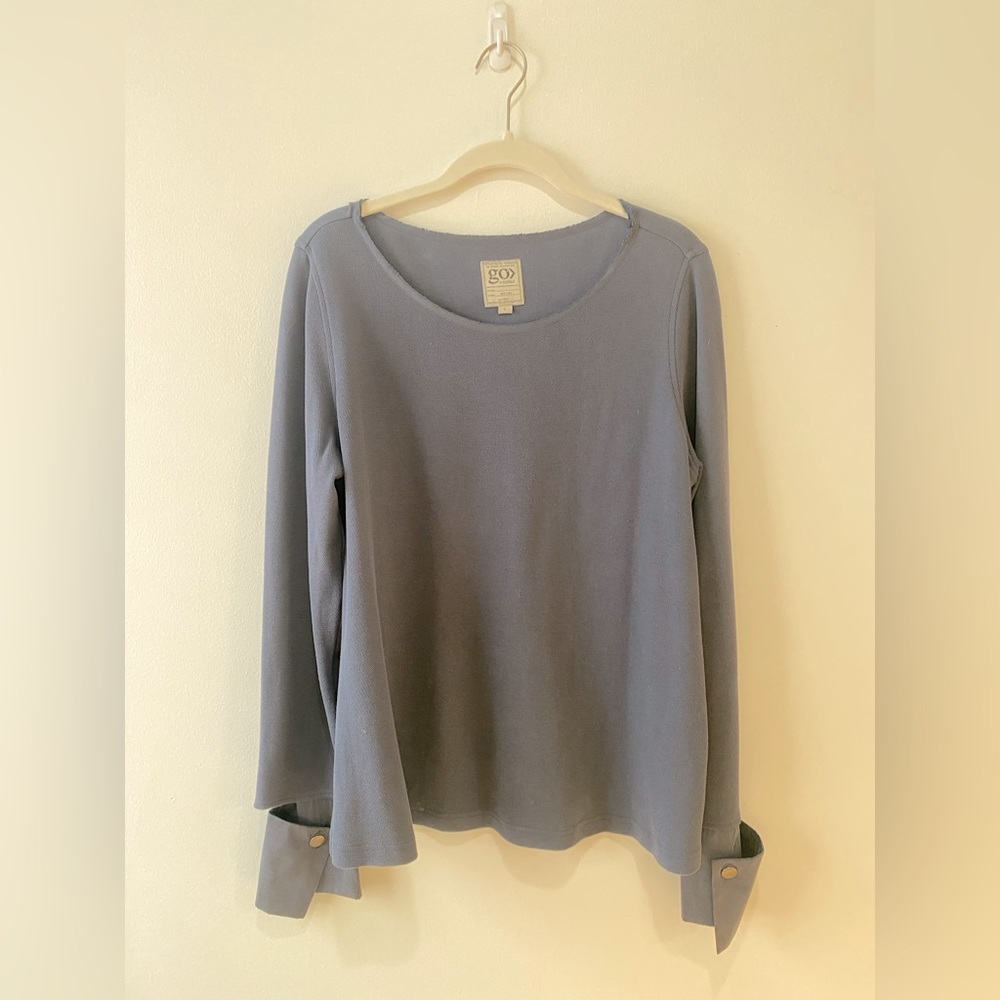Never worn, navy GO BY GO SILK long sleeve top with unique sleeves.